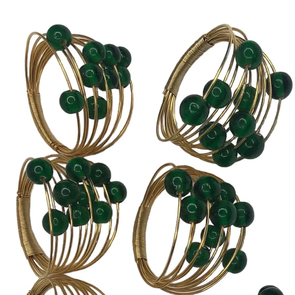 Emerald Green Bead and Gold Napkin Rings Set of 8
